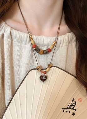 民族风木珠串珠椰壳圆形吊坠项链轻奢高级感毛衣链时尚百搭项饰女