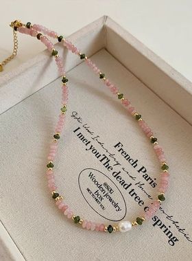 西瓜红天然石淡水珍珠项链女气质网红绿色多巴胺混色天然石锁骨链