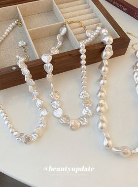 韩国个性潮流不规则珍珠爱心吊坠项链时尚设计感锁骨链气质项饰女