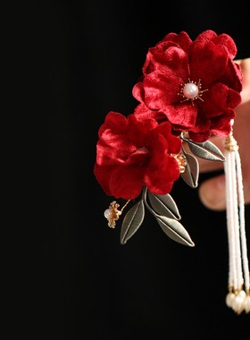 复古红色山茶花发饰秀禾头饰马面