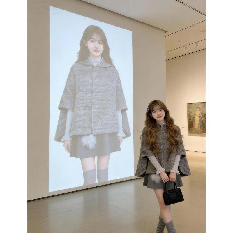 法式复古千金小香风灰色斗篷披肩外套打底衣内搭百褶裙冬季三件套,淘宝优惠券,粉丝福利购,淘宝优惠卷