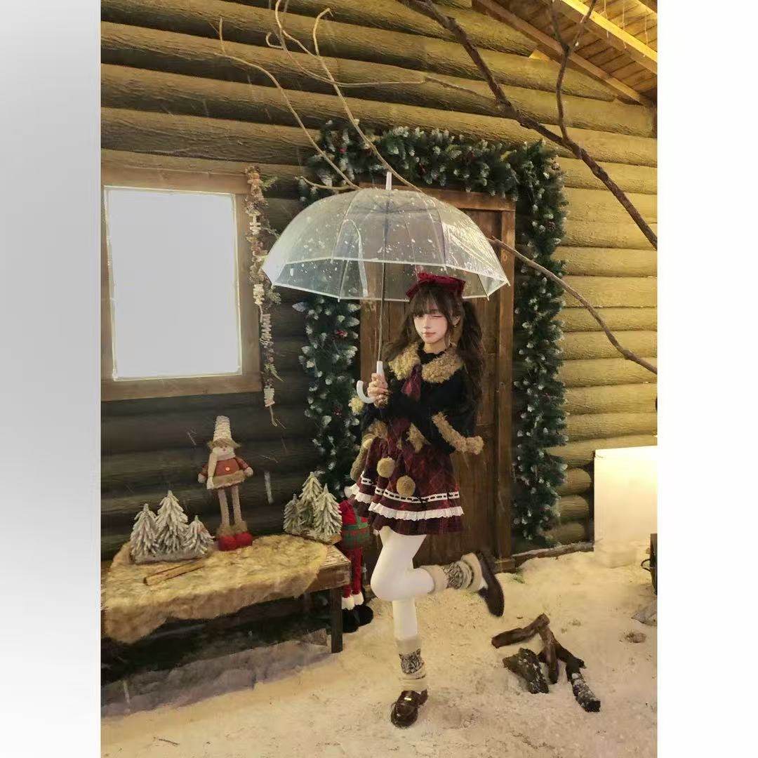 冬日少女感洋装Lolita裙圣诞节毛绒外套拼接红色假两件格纹连衣裙,淘宝优惠券,粉丝福利购,淘宝优惠卷