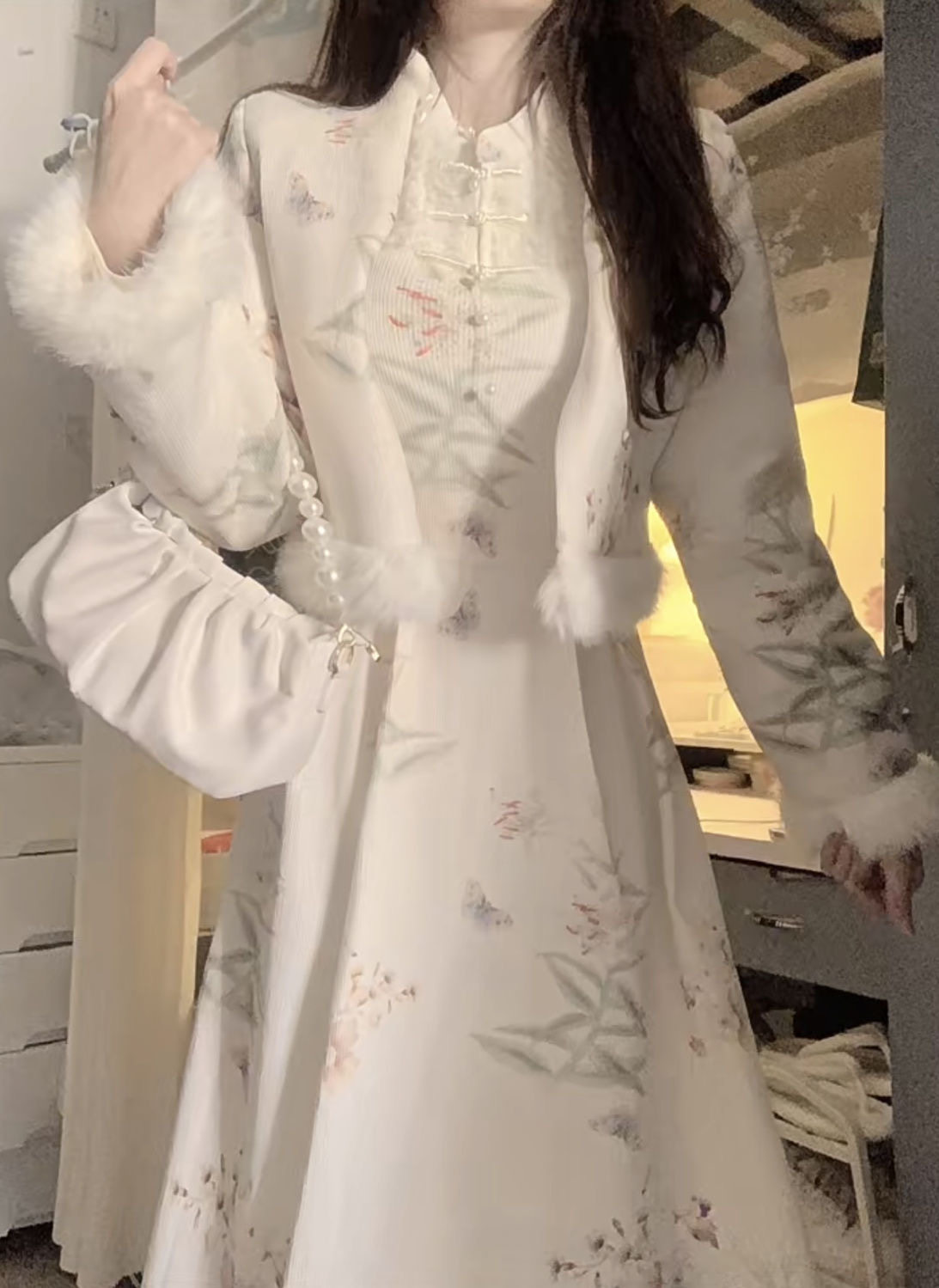 秋冬新中式国风复古改良旗袍碎花连衣裙毛边拼接短款外套时尚套装,淘宝优惠券,粉丝福利购,淘宝优惠卷