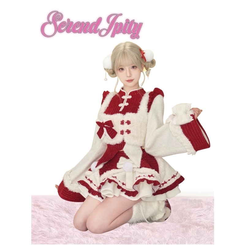 圣诞红色少女风甜美毛绒套装女冬季氛围感上衣马甲蓬蓬裙三件套,淘宝优惠券,粉丝福利购,淘宝优惠卷