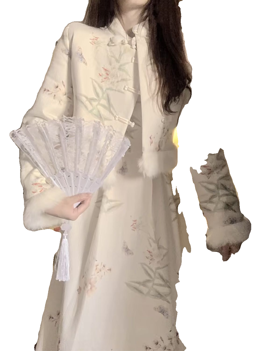 秋冬新中式国风复古改良旗袍碎花连衣裙毛边拼接短款外套时尚套装,淘宝优惠券,粉丝福利购,淘宝优惠卷