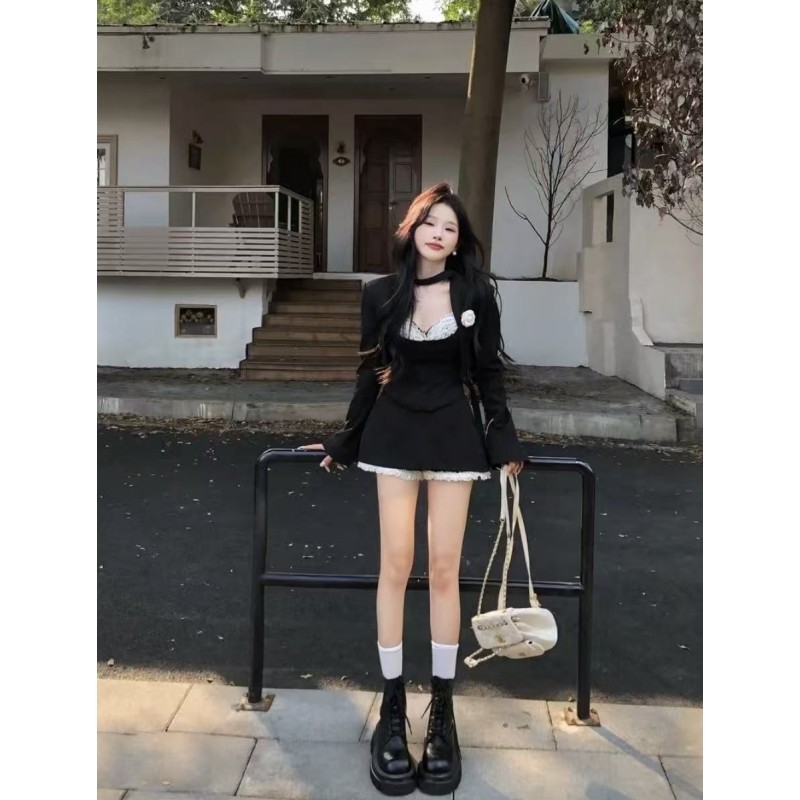 法式气质御姐风西装套装黑色高级感开衫外套吊带上衣半身裙三件套,淘宝优惠券,粉丝福利购,淘宝优惠卷