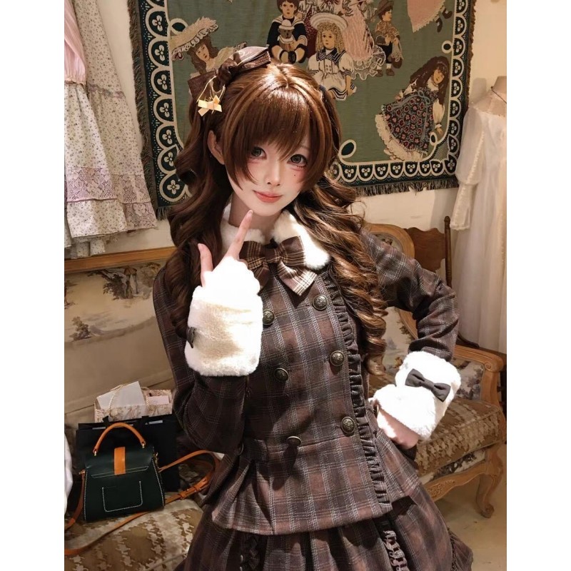 秋冬奶乖复古套装棕色格纹双排扣拼接毛领外套蝴蝶结蓬蓬裙两件套,淘宝优惠券,粉丝福利购,淘宝优惠卷