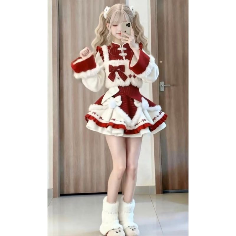 冬日新款圣诞氛围感穿搭甜美不规则上衣毛绒马甲高腰蛋糕裙三件套,淘宝优惠券,粉丝福利购,淘宝优惠卷