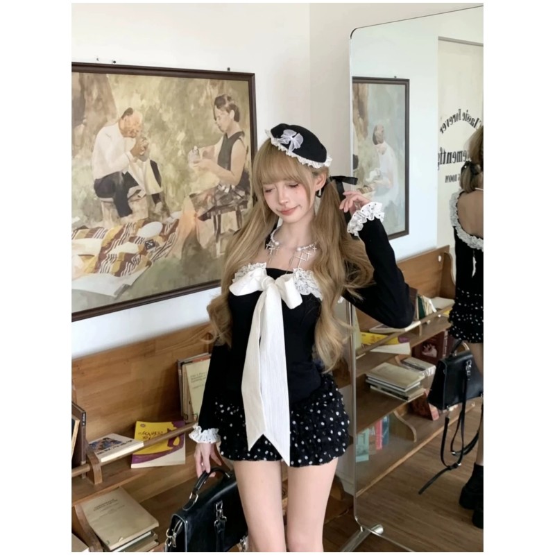 早秋纯欲风辣妹蕾丝蝴蝶结重新黑色显瘦上衣波点蛋糕裙裤两件套女,淘宝优惠券,粉丝福利购,淘宝优惠卷