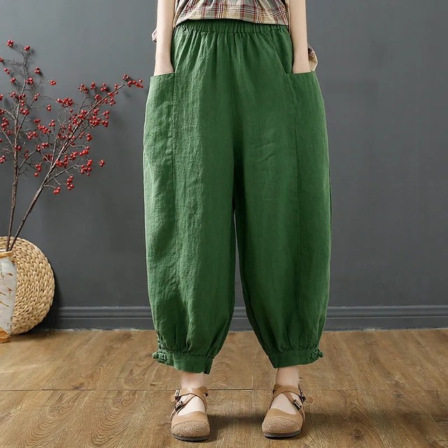 Women's cotton and linen bloomers loose leg-tie versatile harem pants
