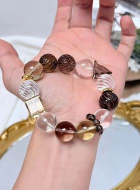 16mm左右珠径 水晶多宝款手串黄水晶白水晶 茶水晶 铜镀18k金配件