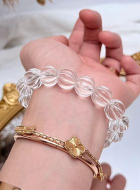 天然白水晶南瓜珠手链女款单圈时尚饰品礼物送女友闺蜜生日礼物