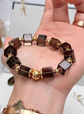 天然茶水晶方糖手链女款单圈时尚百搭饰品礼物送女友闺蜜生日礼物