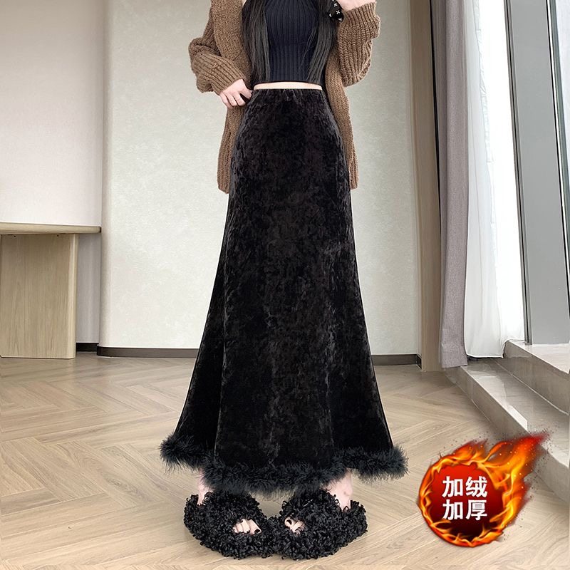 冬天丝绒包臀半身裙女秋冬2025新款黑色显瘦加绒开叉A字裙子长裙,淘宝优惠券,粉丝福利购,淘宝优惠卷