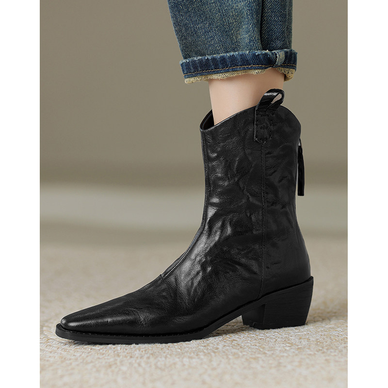 Kmeizu用心做好鞋~羊皮手抓纹短靴欧美高定复古V口西部牛仔靴粗跟,淘宝优惠券,粉丝福利购,淘宝优惠卷