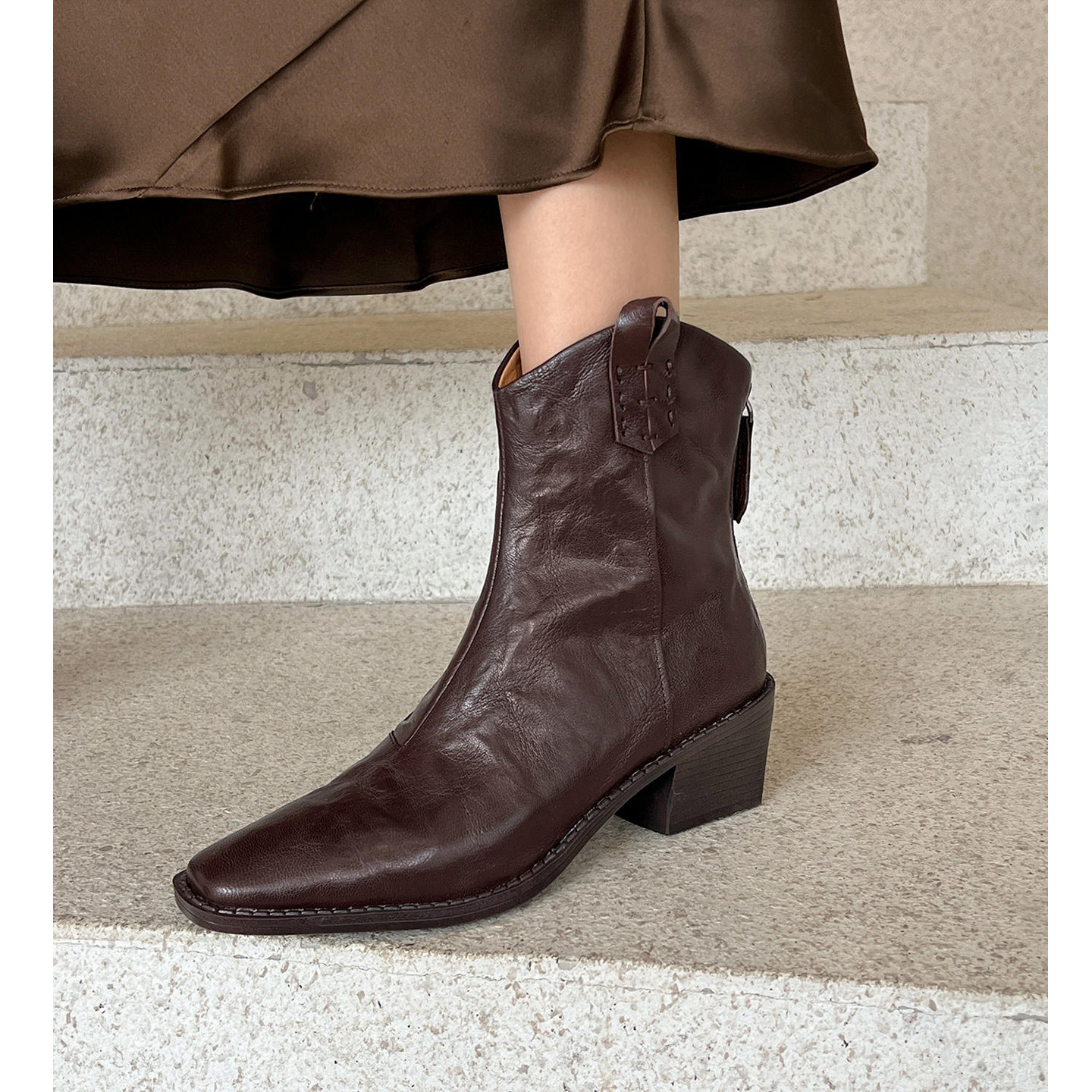 Kmeizu巨显瘦~5.5cm粗跟羊皮短靴女秋冬V口西部靴后拉链及踝马靴,淘宝优惠券,粉丝福利购,淘宝优惠卷