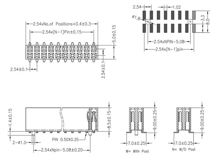 2.54mm间距塑高8.5mm SMT双排贴片排母1U环保母座 2*2/3/4/20/40P