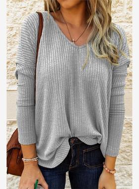 欧美风春秋新款V领蓝色宽