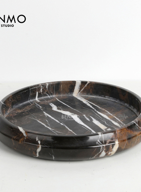 本墨 现代意式祖母绿黑金花天然大理石原创果盘样板间黄洞石烛台