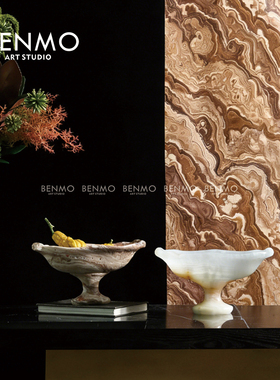 本墨 侘寂风中古高脚果盘洞石摆件新中式家居样板房桌面软装饰品