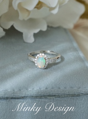 「烟雨行」孤品天然欧泊纯银戒指气质甜美个性手饰女指环闪钻礼物