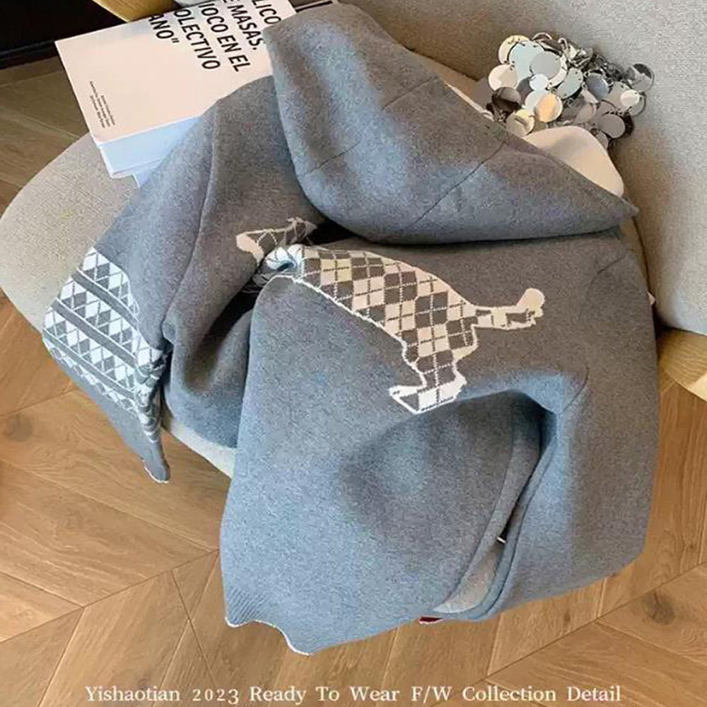 设计感灰色小狗图案拉链连帽针织外套女秋冬慵懒运动休闲毛衣开衫 - 图2