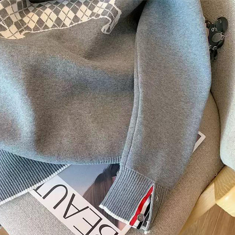 设计感灰色小狗图案拉链连帽针织外套女秋冬慵懒运动休闲毛衣开衫 - 图1