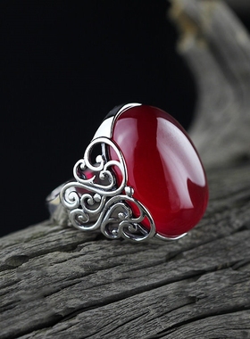 玉髓冰种翡翠925镀银随形玛瑙戒指女款仿红宝石