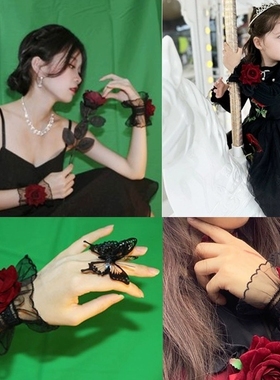 lolita洛丽塔蕾丝手腕套女生配饰酒红色玫瑰花礼服袖套暗黑手袖
