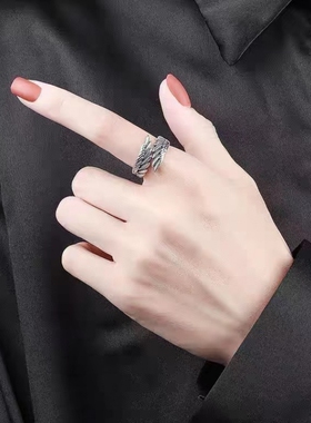 情侣戒指男女开口活口可调节守护天使之翼翅膀925银复古做旧