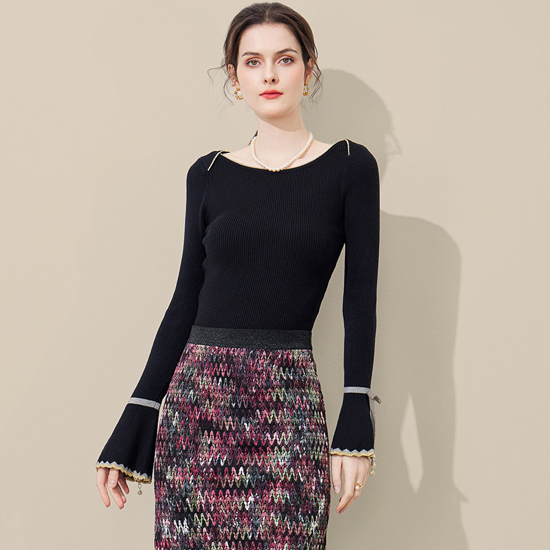 一字领毛衣上衣女2025秋季新品喇叭袖港风修身显瘦针织打底衫内搭,淘宝优惠券,粉丝福利购,淘宝优惠卷