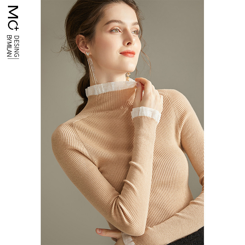 蕾丝半高领长袖2020新款秋冬针织衫 沫加毛针织衫