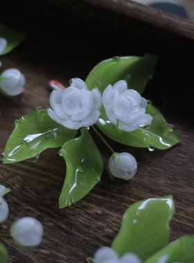 实拍原创热缩白色茉莉花竹枝发簪可改胸针古风汉服旗袍配饰 22