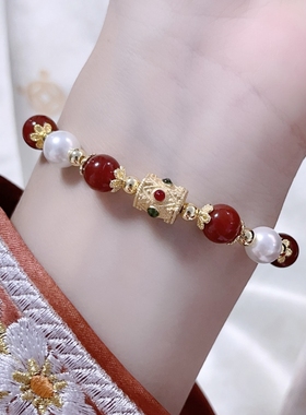 天然红玛瑙珍珠手链轻奢小众女款闺蜜龙年本命年手链金色复古学生