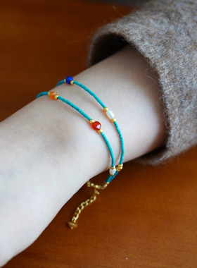 李佳棋推荐新中式复古绿松石珍珠串珠百搭高级感轻奢双层手链多