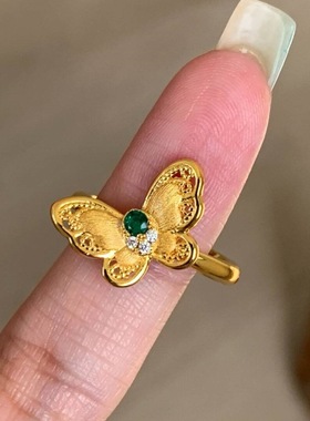 日系CherryKokoVintage复古拉丝镂空绿钻蝴蝶戒指小众设计气质