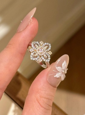 日系CherryKoko轻奢高级感复古镶满钻双色四叶花戒指小众设计