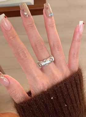 日系CherryKoko复古新中式布契风拉丝工艺镂空四叶草戒指镶钻