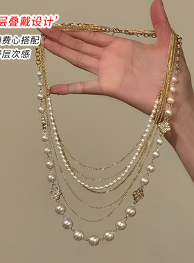 金色复古多层珍珠款项链女