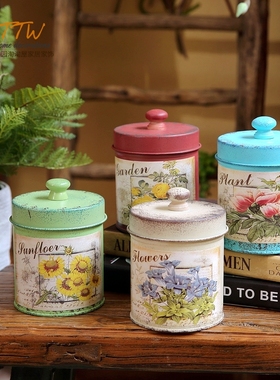 彩色油画风格花艺圆通带盖收纳罐