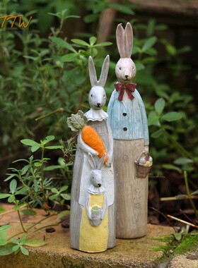 美式做旧庭院房间长耳兔情侣摆件