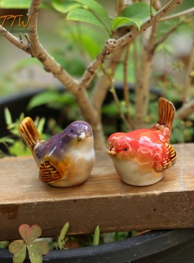 高温釉面彩色陶瓷小鸟六色组合装饰摆件花园庭院装饰