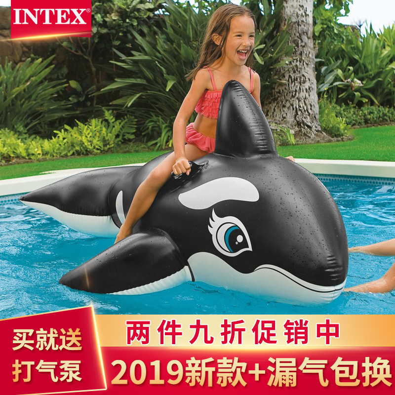 INTEX水上充氣兒童游泳圈成人大黑鯨坐騎救生圈浮床浮排游泳裝備