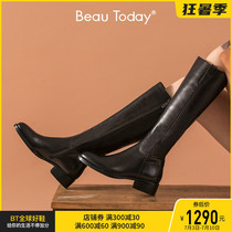 BeauToday fall small sub-long cylinder boot female riding boots high cylinder genuine leather slim and coarse leg long boots genuine leather