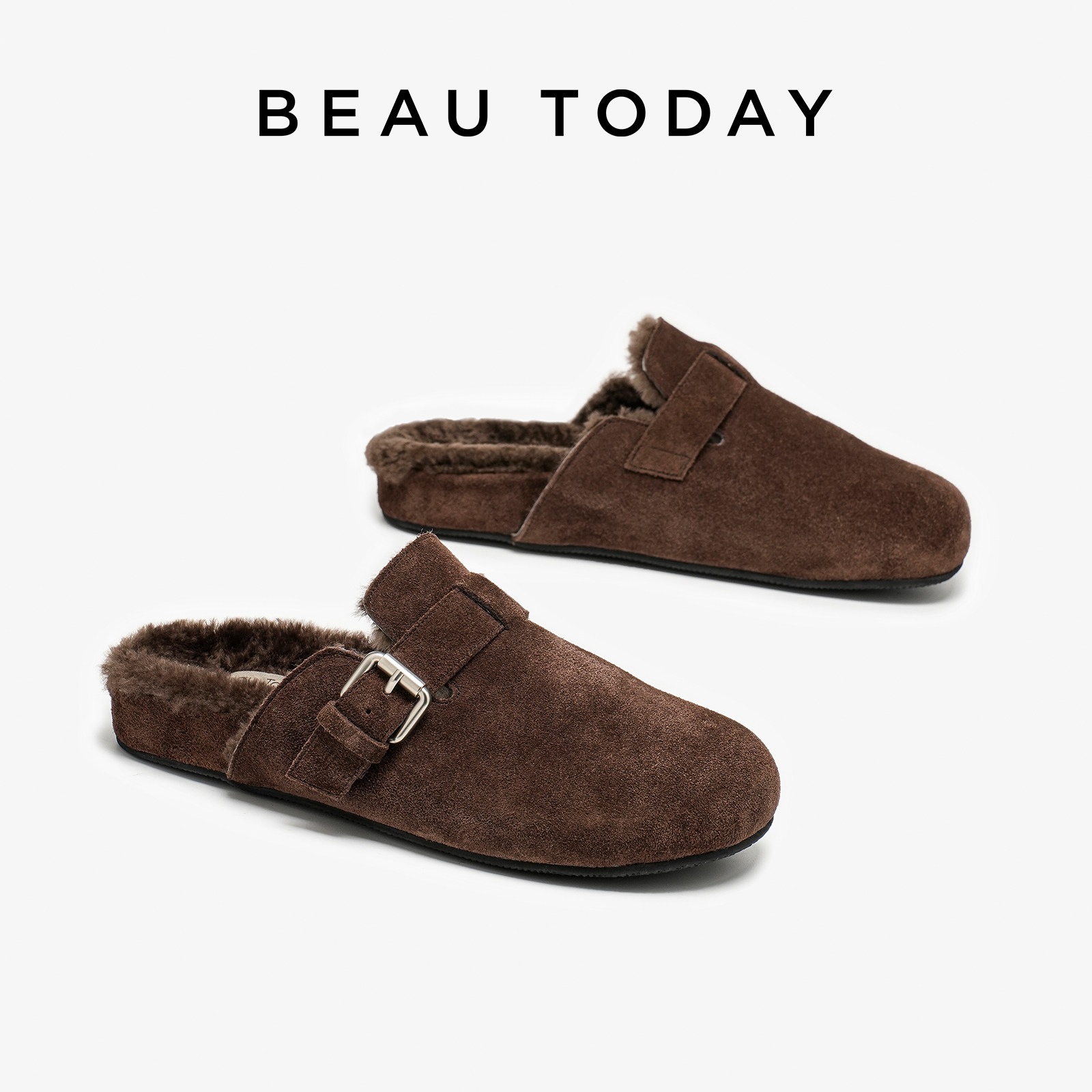 BeauToday羊毛复古勃肯鞋女秋冬平底穆勒鞋棉鞋女加厚毛毛鞋拖鞋,淘宝优惠券,粉丝福利购,淘宝优惠卷