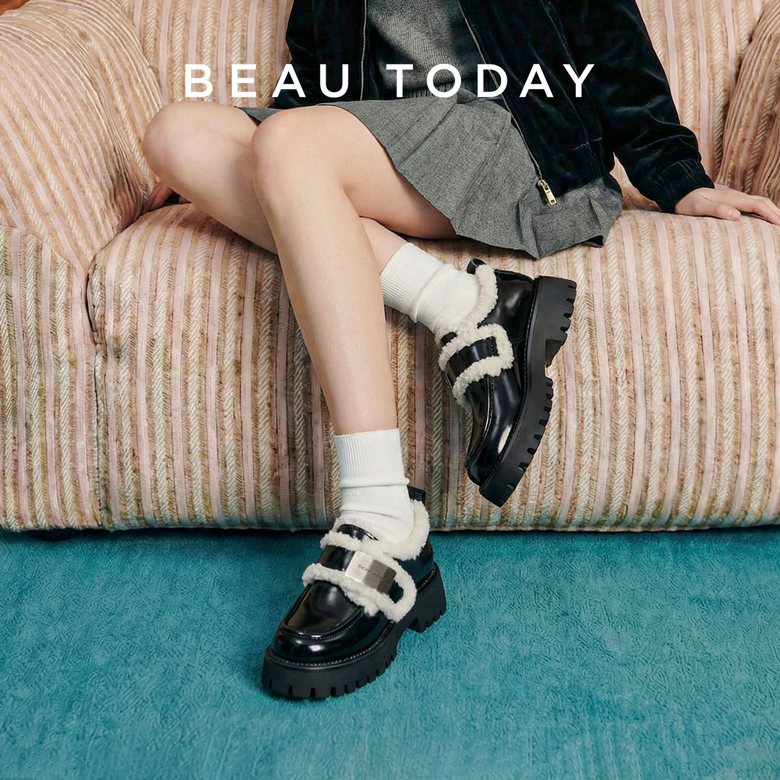 BeauToday加绒乐福鞋女2026春季真皮英伦风小皮鞋黑色厚底毛毛鞋,淘宝优惠券,粉丝福利购,淘宝优惠卷