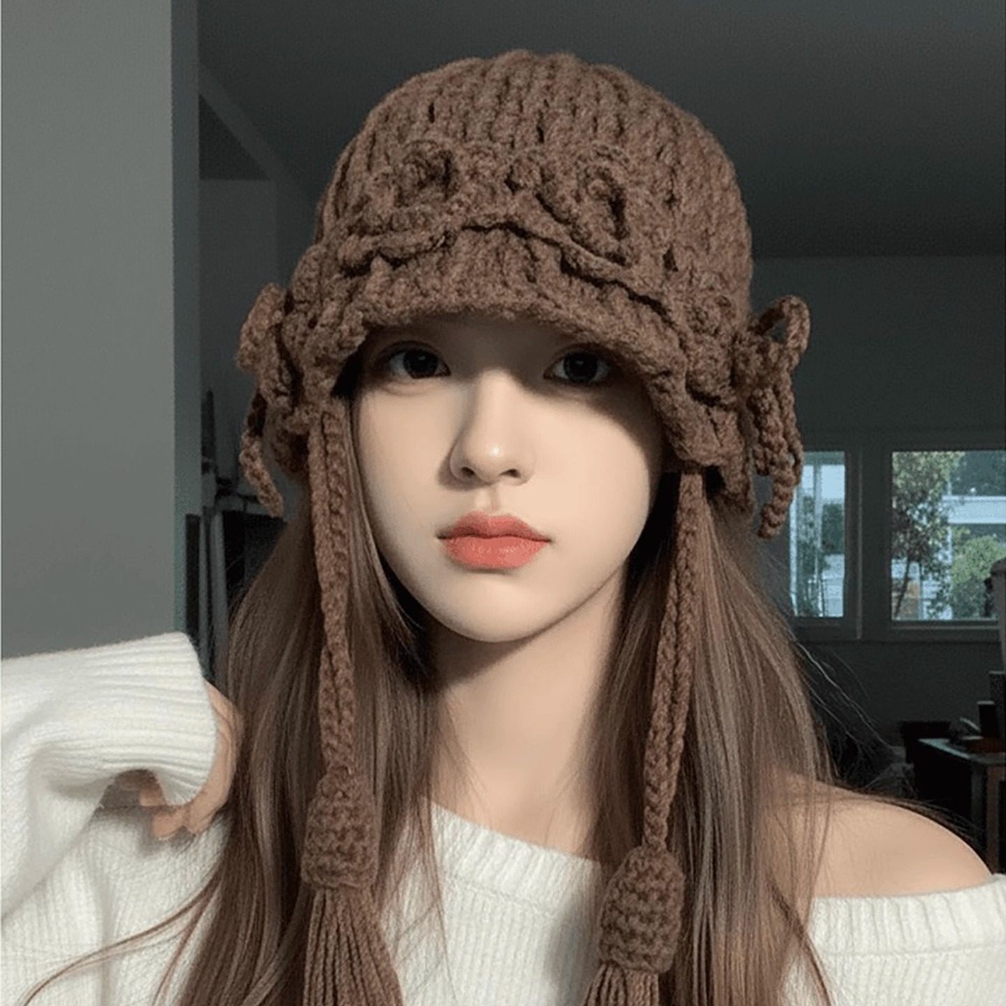 2025新款手工编织花朵辫子针织帽女复古保暖洋气百搭流苏毛线帽潮,淘宝优惠券,粉丝福利购,淘宝优惠卷