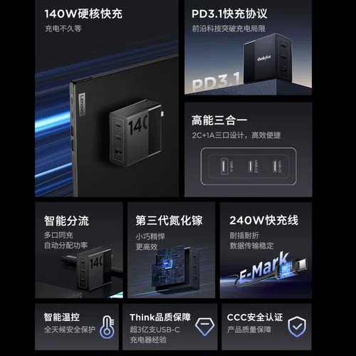 Thinkpad联想thinkplus 光影140W氮化镓电源适配器三口笔记本手机平板2C+A多口 - 图0