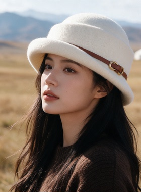 法式西部风皮质腰带礼帽女秋冬黑色短檐盆帽金属扣复古出游渔夫帽