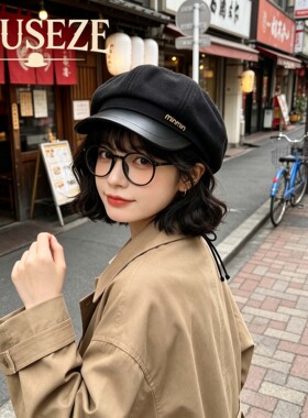 字母黑色皮边报童帽女秋冬氛围感八角帽日常百搭显脸小带檐贝雷帽